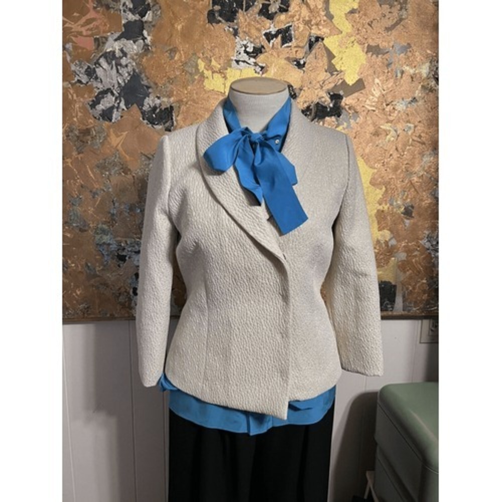 Magaschoni Collection Womens 12 Cream Gold Metallic Snap Front Blazer Lined